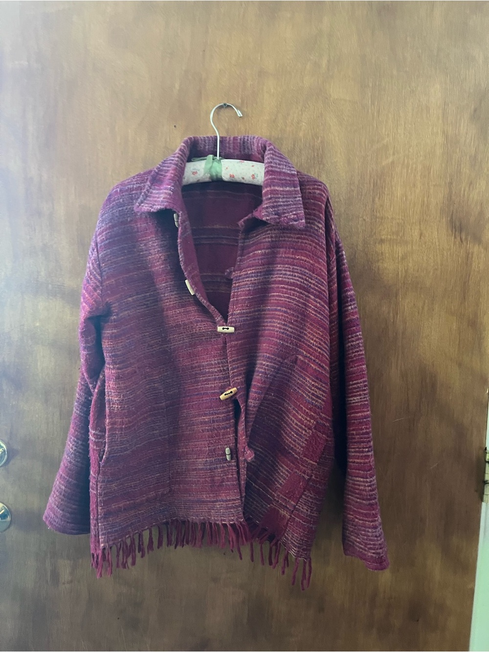 Womens Maroon Button-Front Fringe Lightweight Sweater Jacket